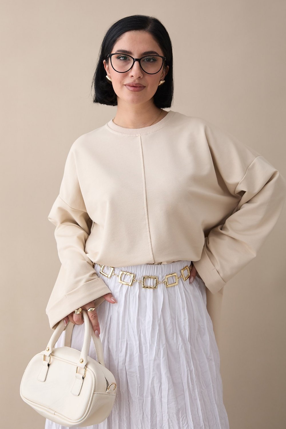 Kolu Katlamalı Oversize Bej Sweat