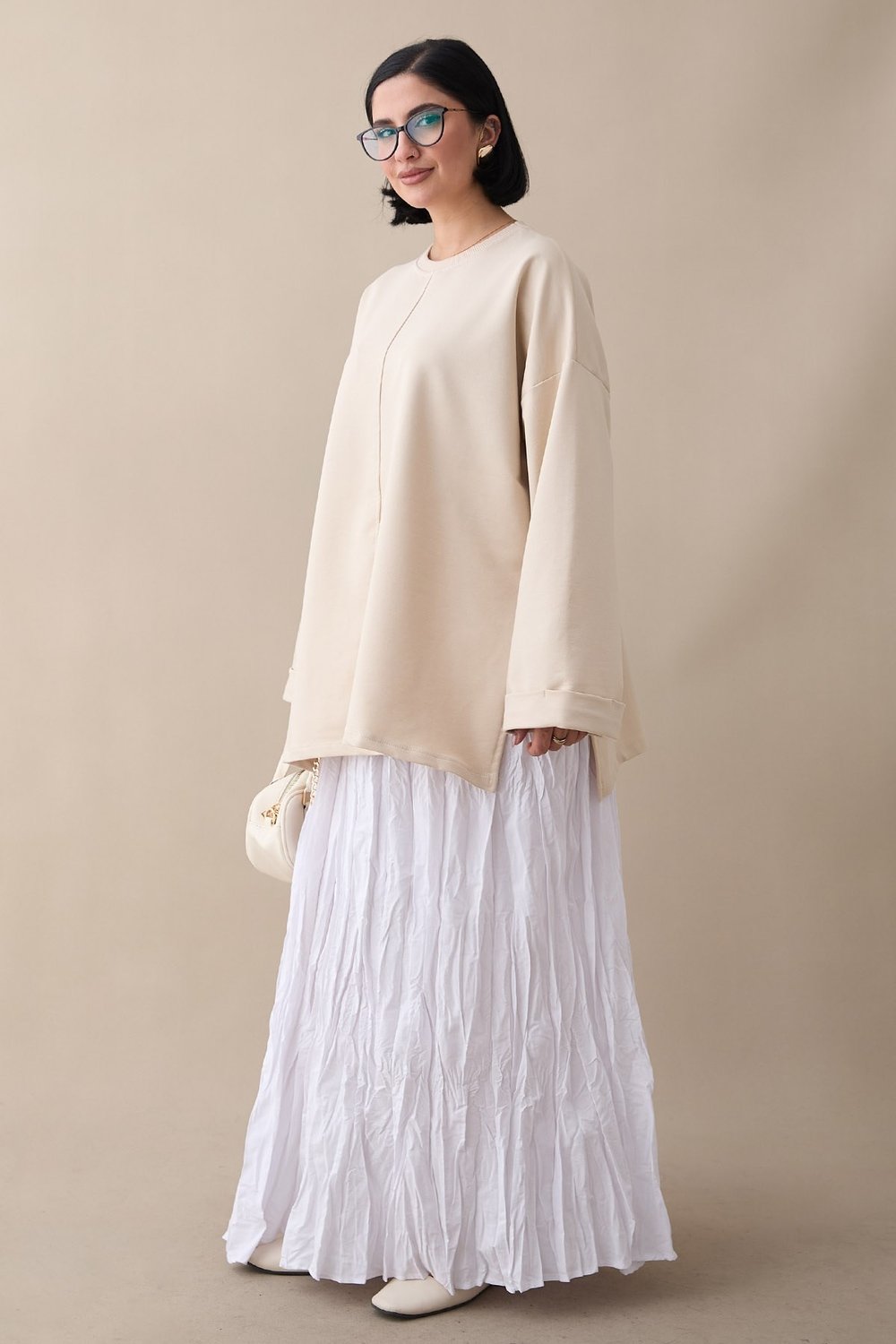 Kolu Katlamalı Oversize Bej Sweat