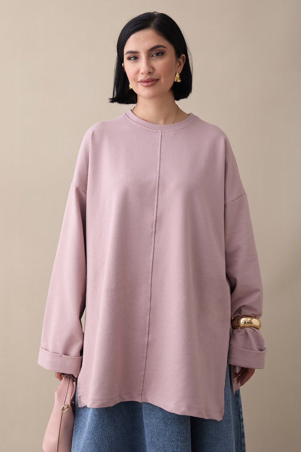 Kolu Katlamalı Oversize Gül Kurusu Sweat