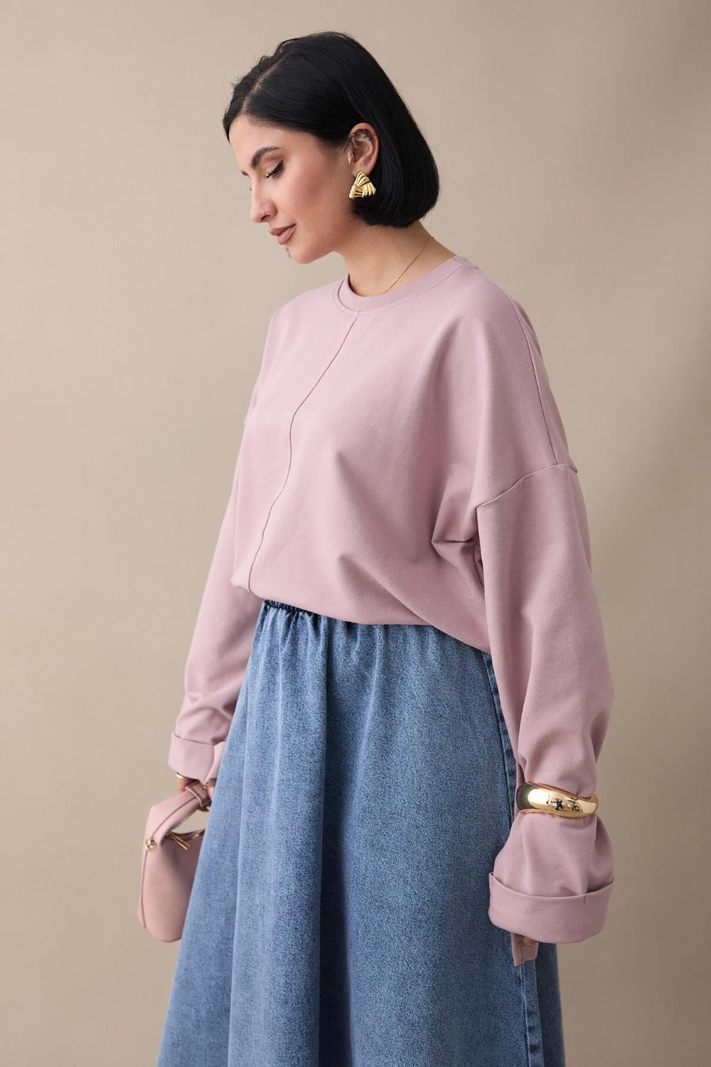Kolu Katlamalı Oversize Gül Kurusu Sweat