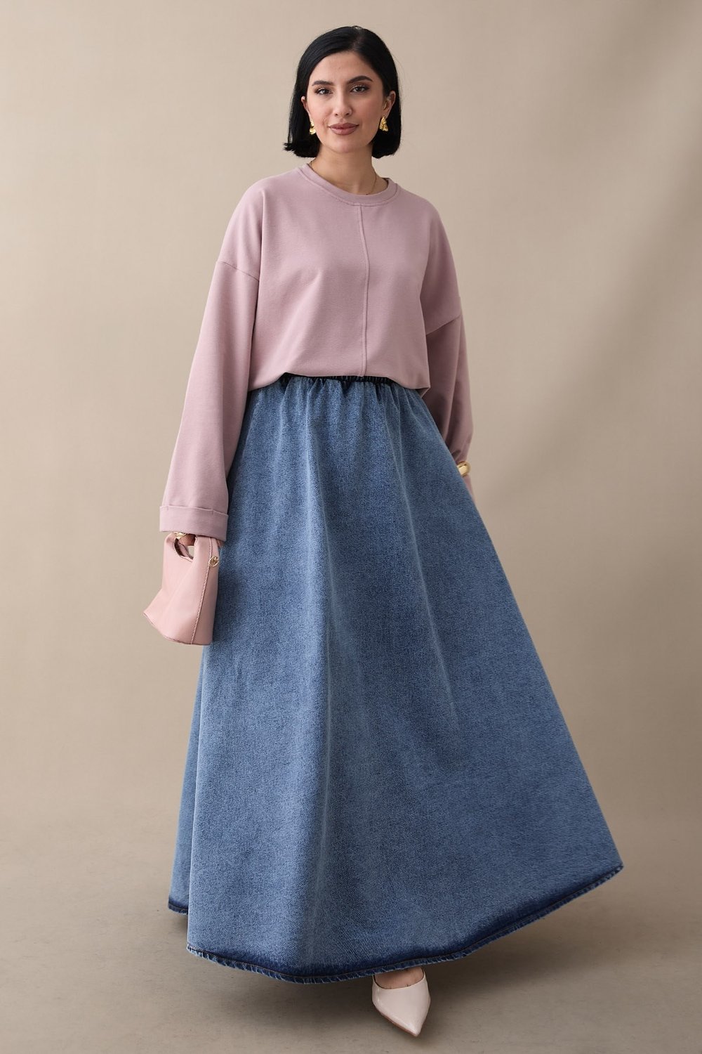 Kolu Katlamalı Oversize Gül Kurusu Sweat