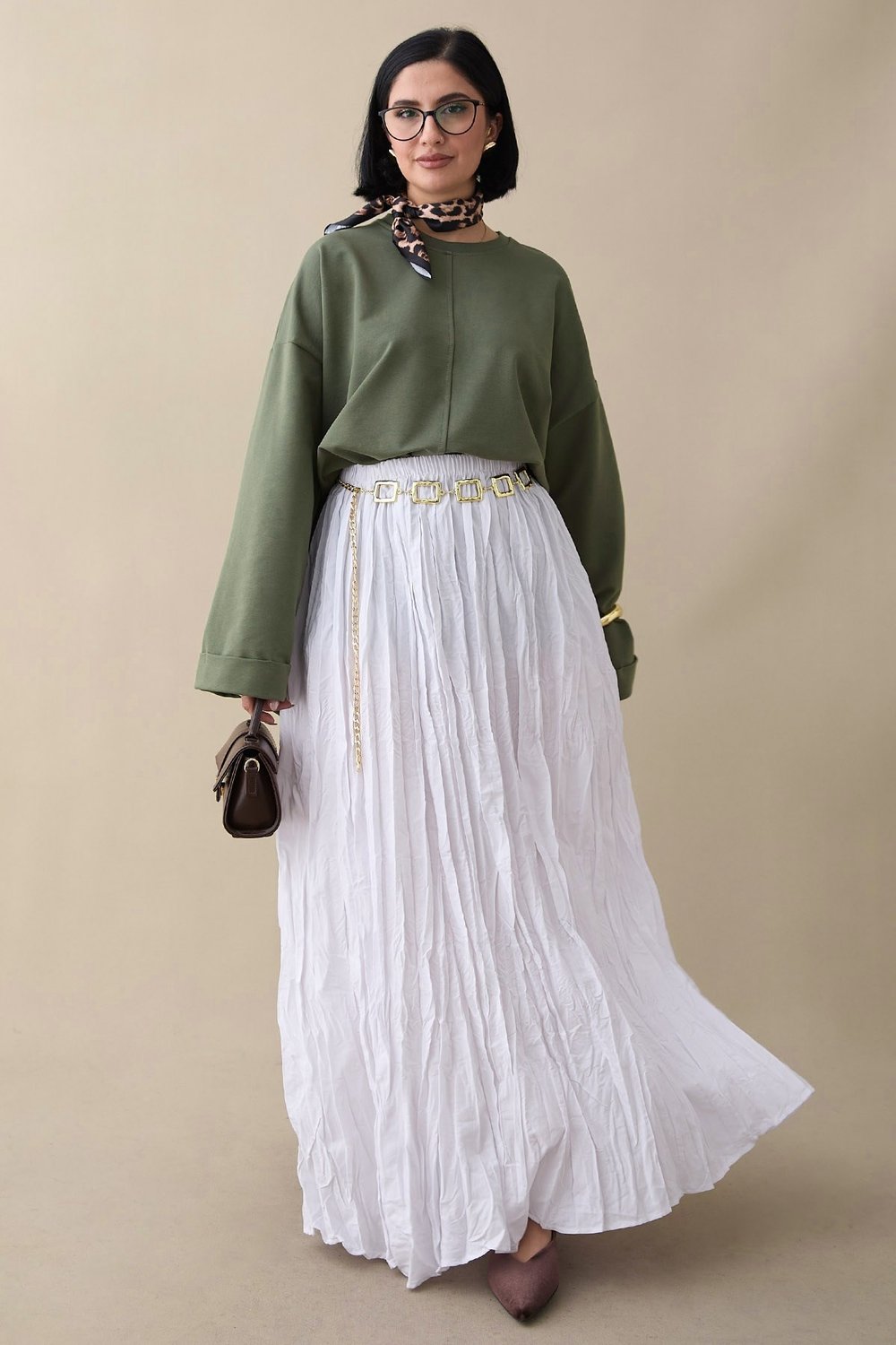 Kolu Katlamalı Oversize Haki Sweat