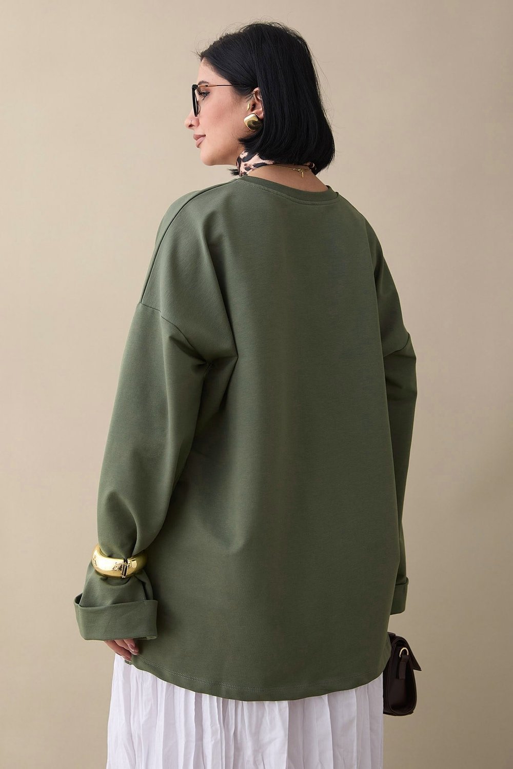 Kolu Katlamalı Oversize Haki Sweat