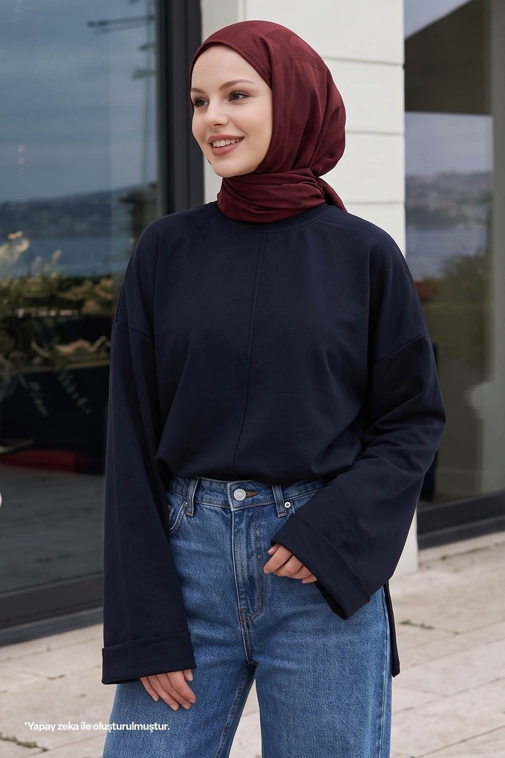 Kolu Katlamalı Oversize Lacivert Sweat