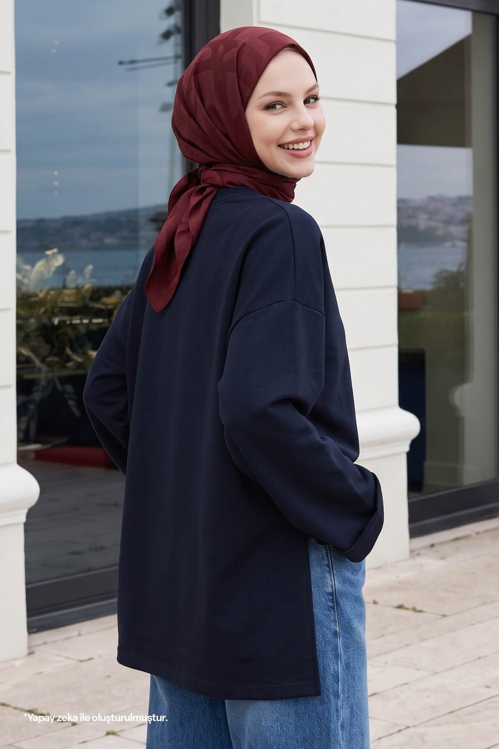 Kolu Katlamalı Oversize Lacivert Sweat