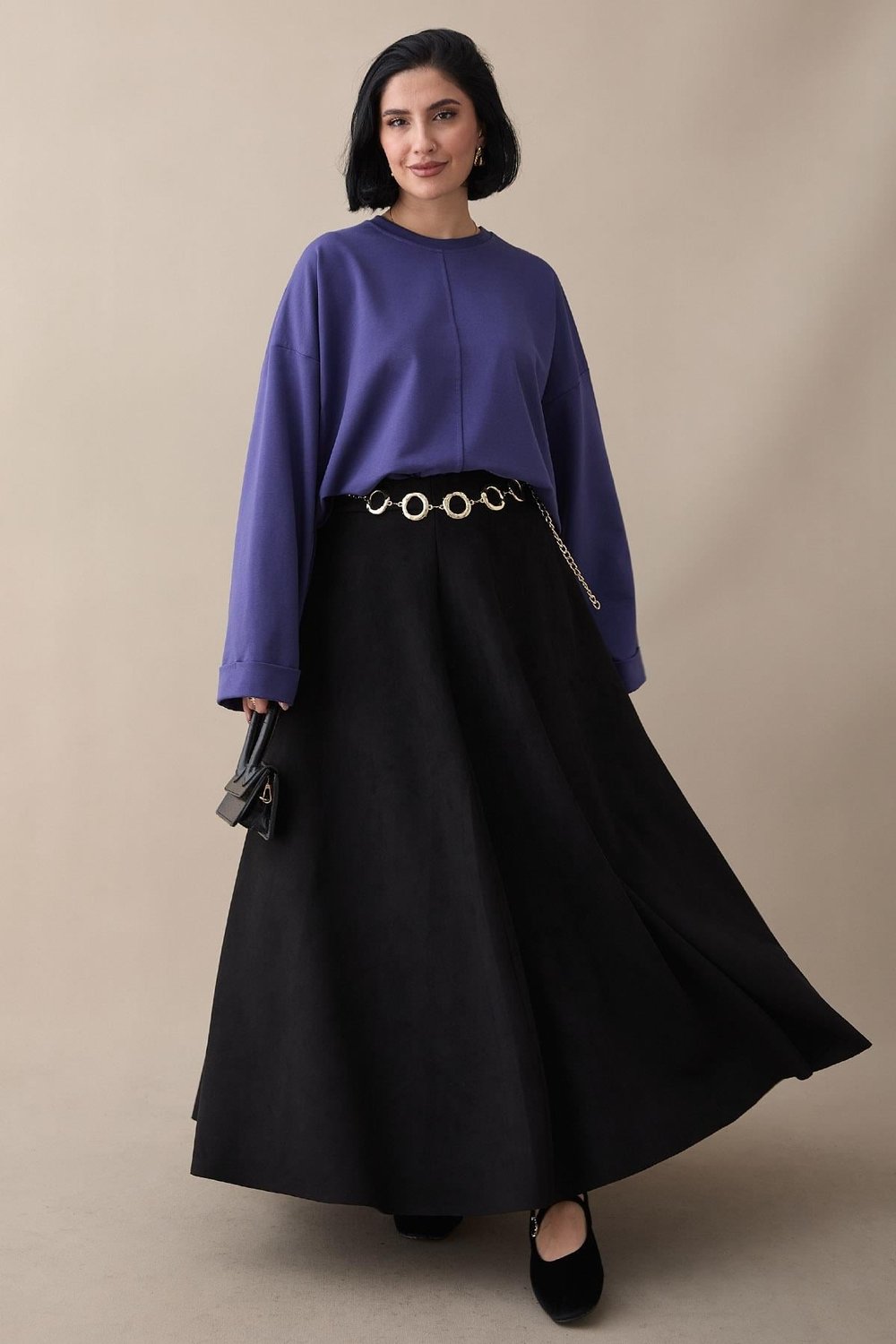 Kolu Katlamalı Oversize Mor Sweat