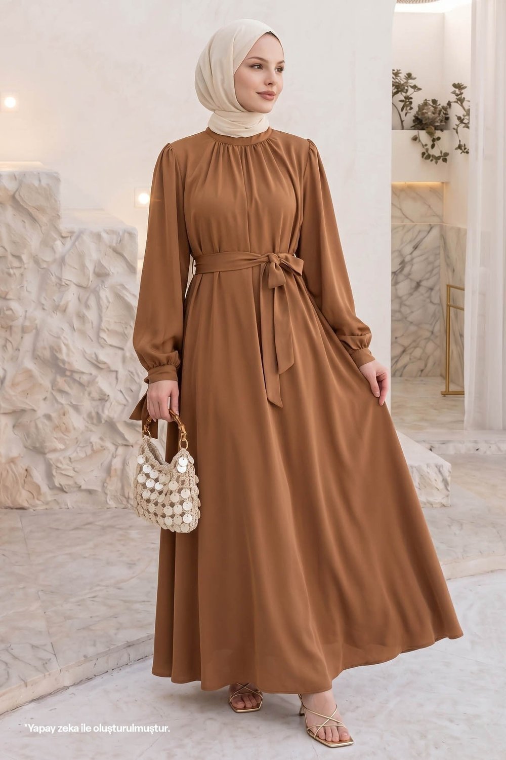 Kolu Kuşak Bağlamalı Camel Elbise