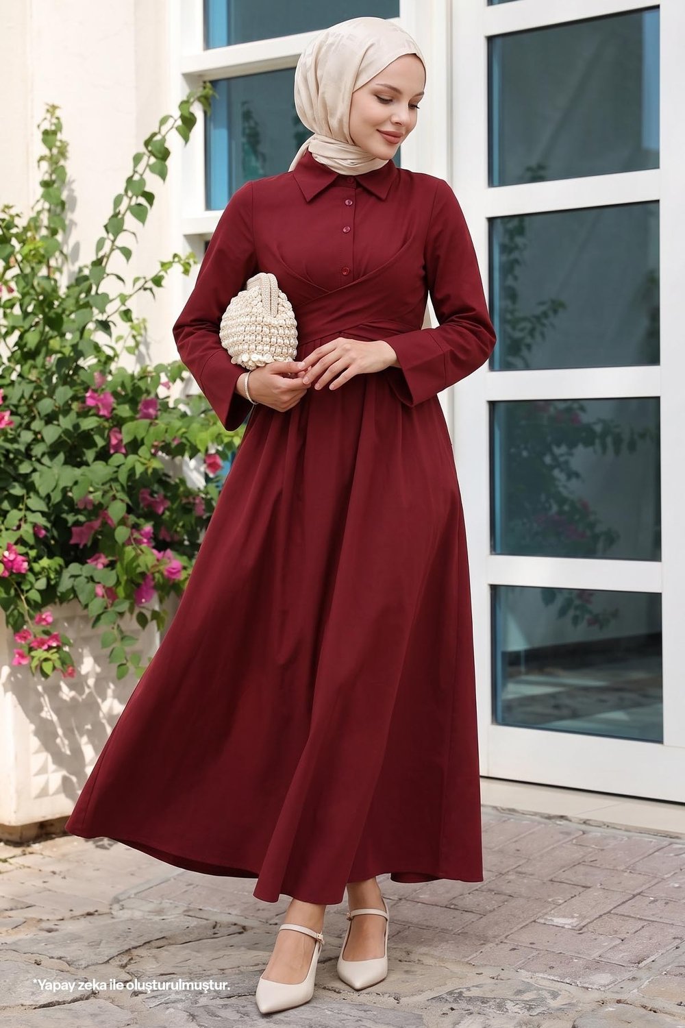 Kuşak Detaylı Gömlek Yaka Bordo Elbise