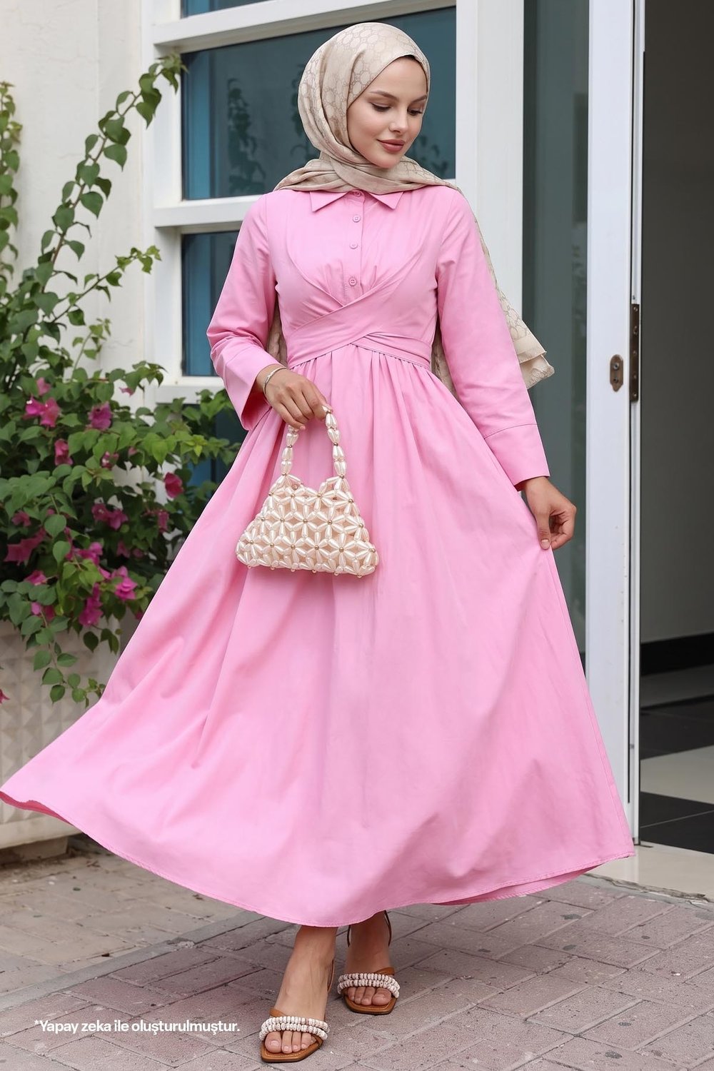 Kuşak Detaylı Gömlek Yaka Pembe Elbise