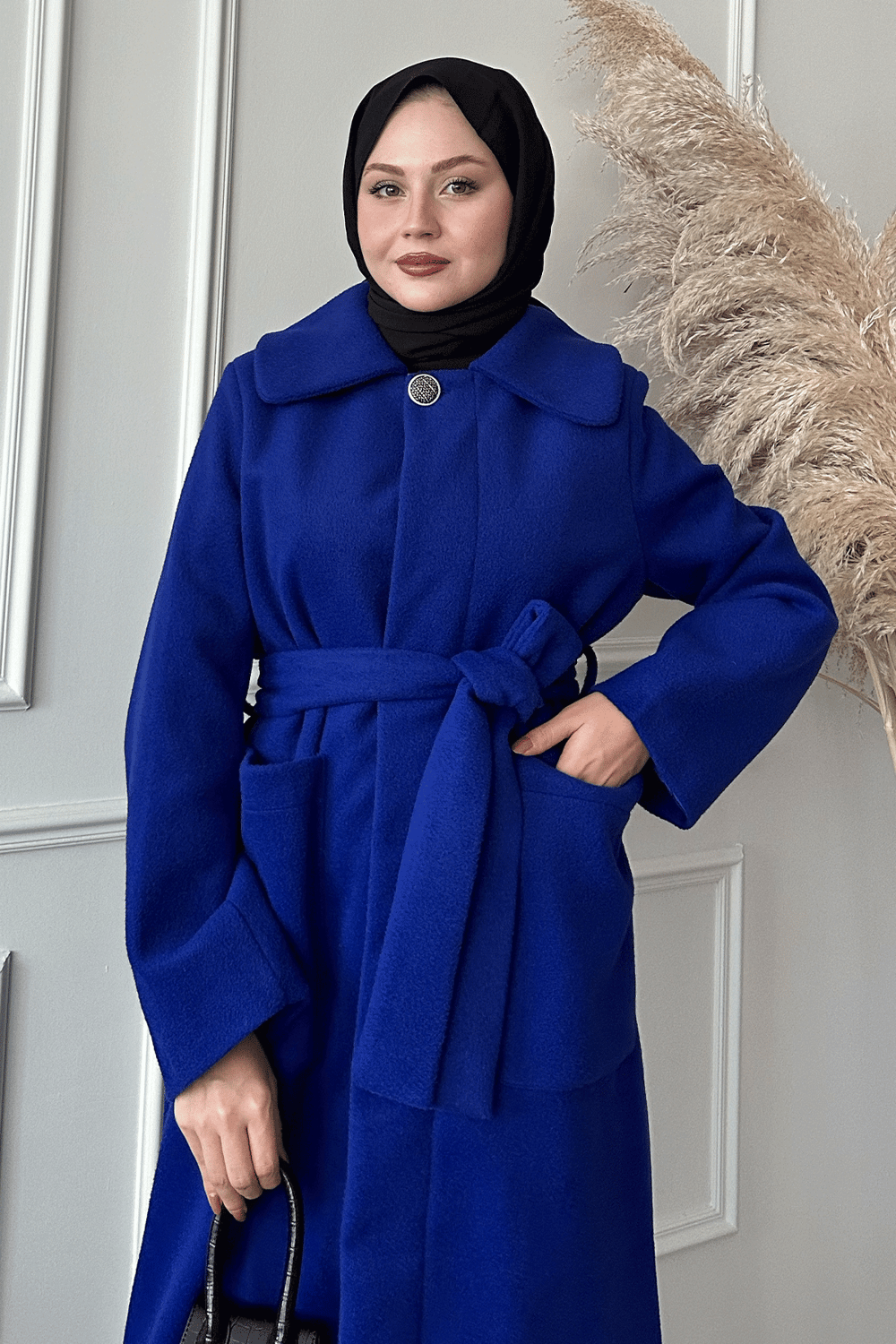 Kuşaklı Gizli Patlı Saks Mavisi Kaban