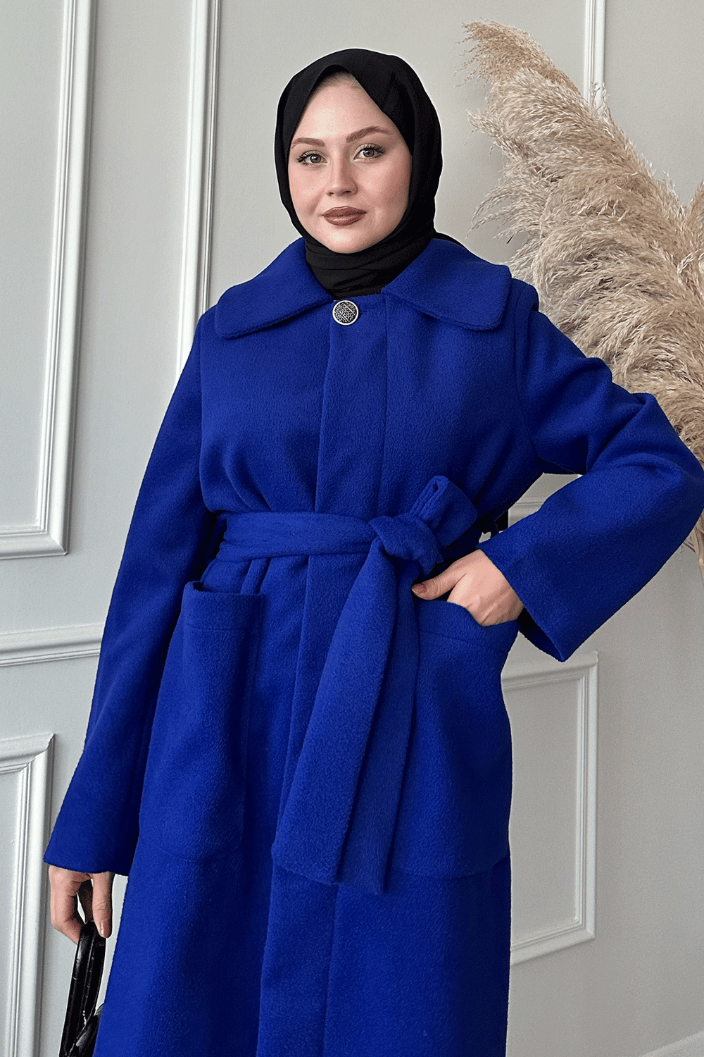 Kuşaklı Gizli Patlı Saks Mavisi Kaban
