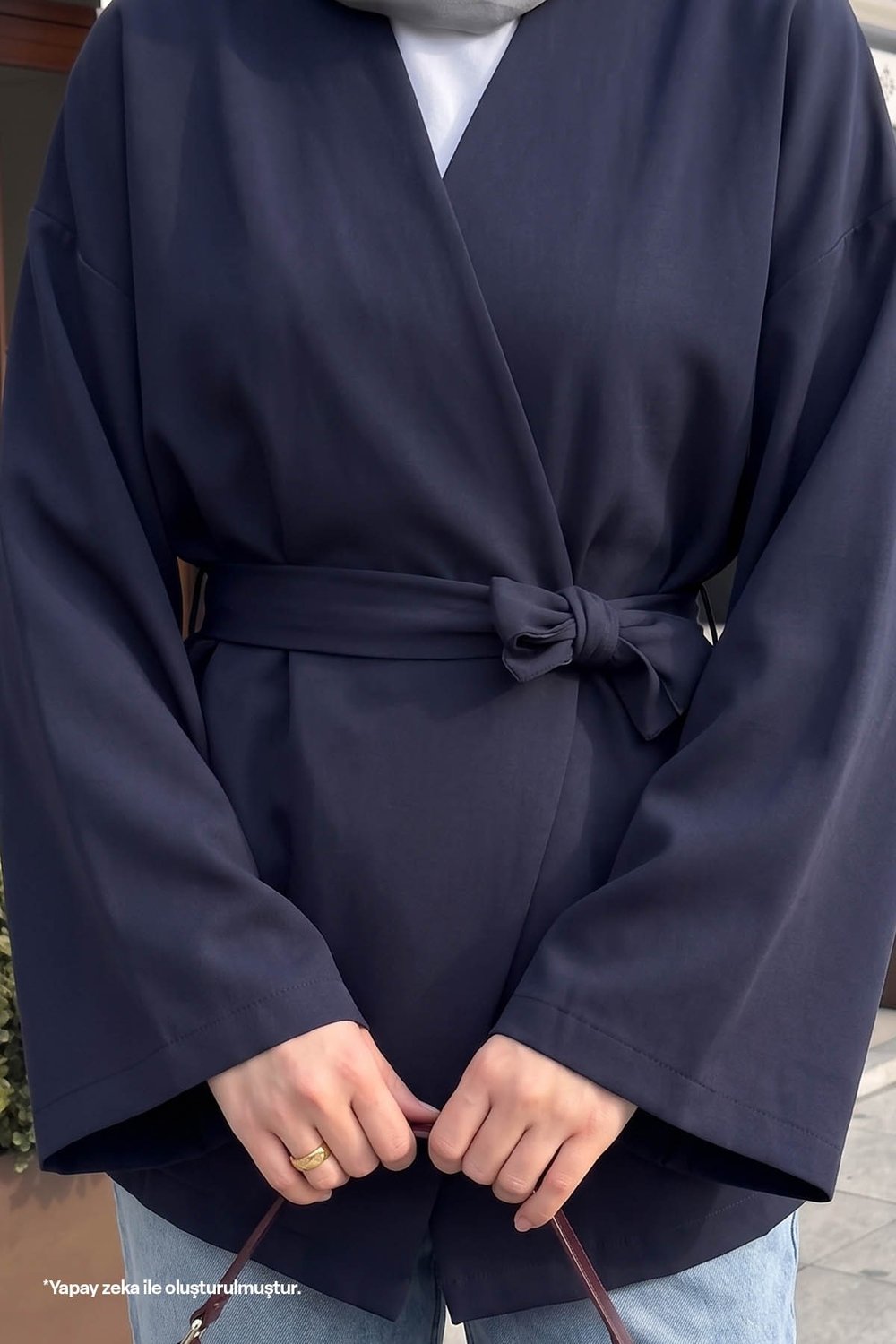 Kuşaklı Tek Düğmeli Double Kimono Lacivert
