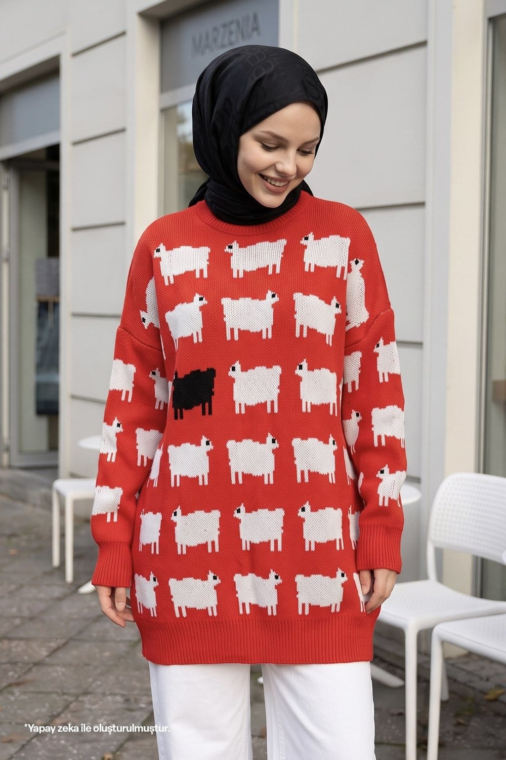 Patterned Knit Sweater - Red