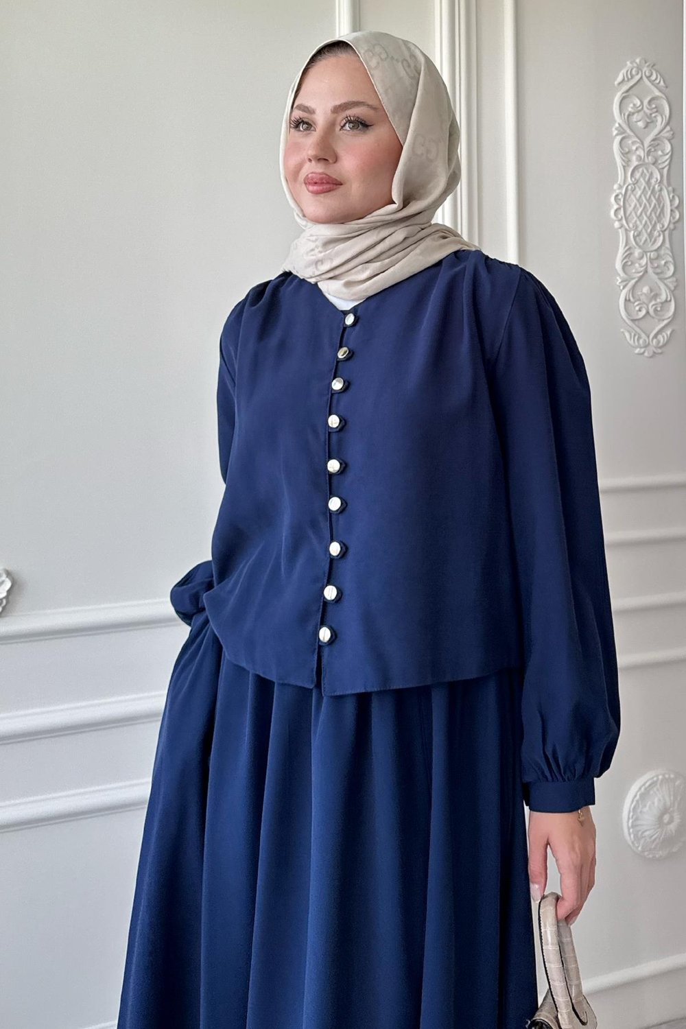 Düğmeli Tencel Etekli Koyu Lacivert Takım