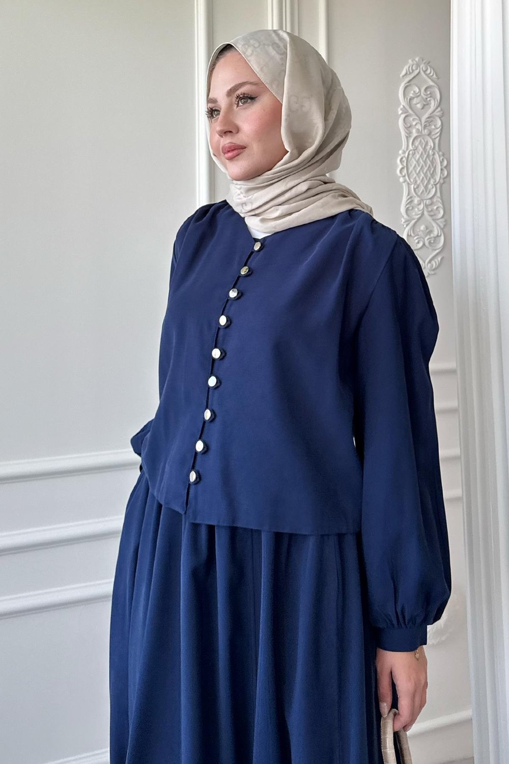 Düğmeli Tencel Etekli Koyu Lacivert Takım