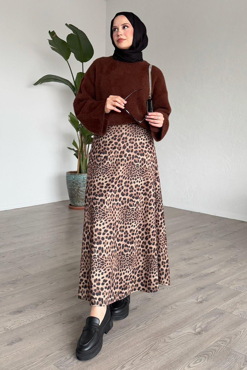 Leopar Desen Beli Lastikli Siyah Etek