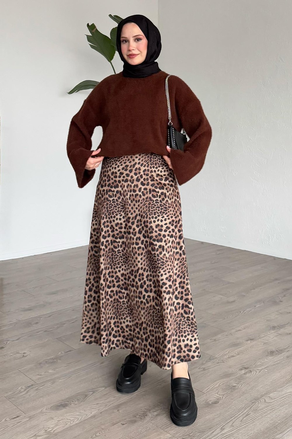 Leopar Desen Beli Lastikli Siyah Etek