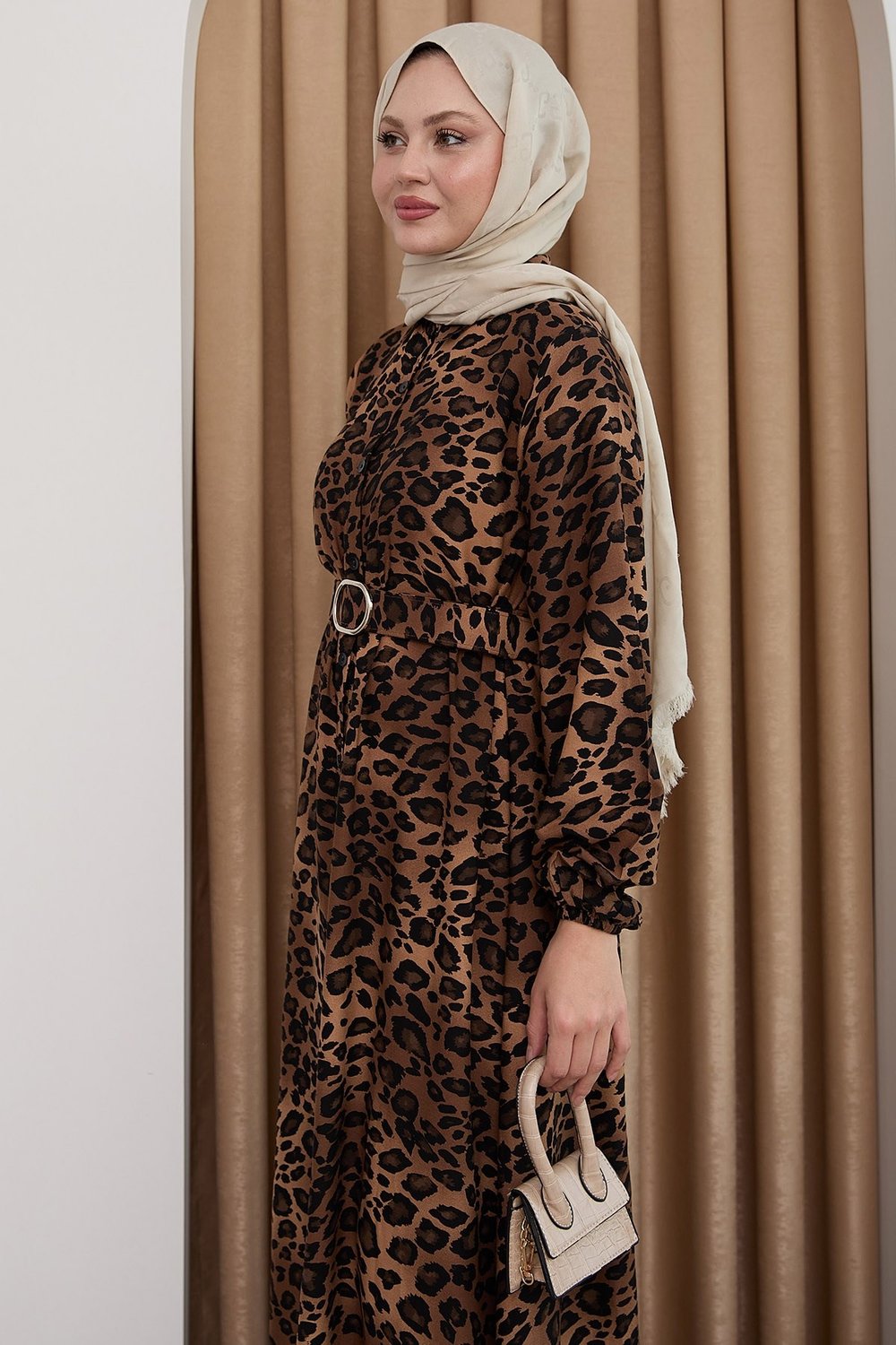 Leopar Desen Kahverengi Viskon Elbise