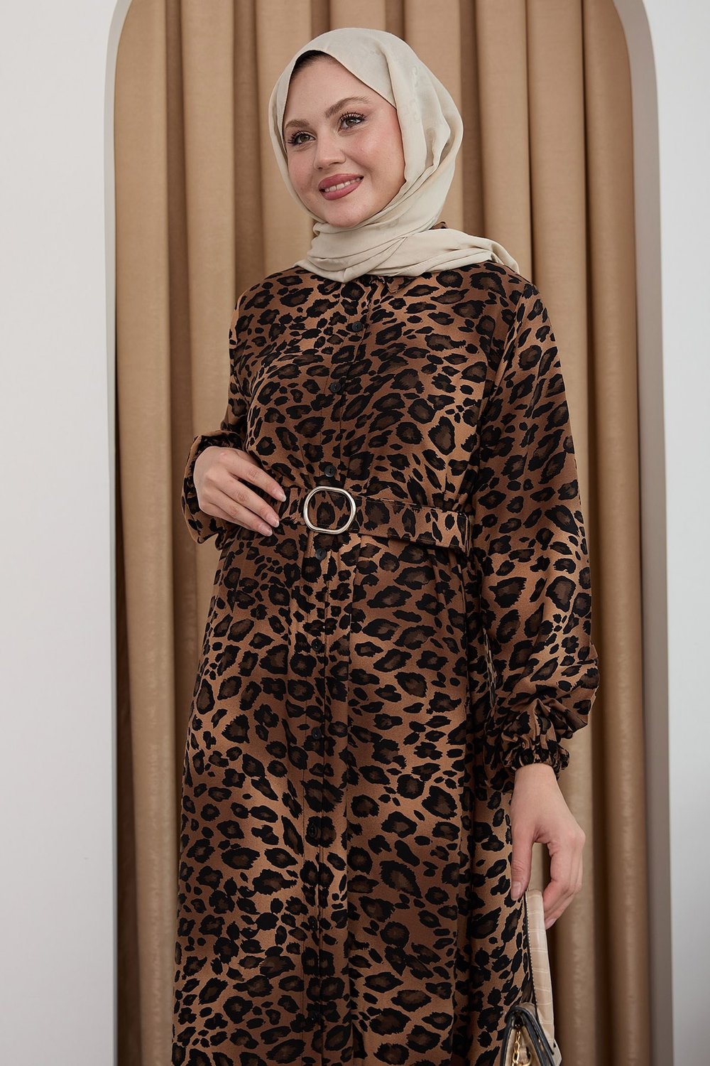 Leopar Desen Kahverengi Viskon Elbise