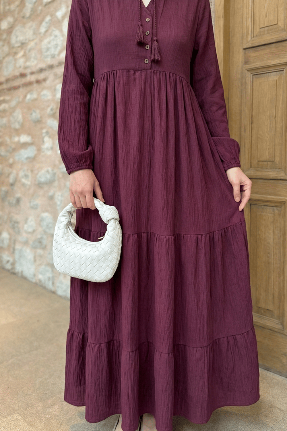 Lina Püsküllü Bordo Elbise