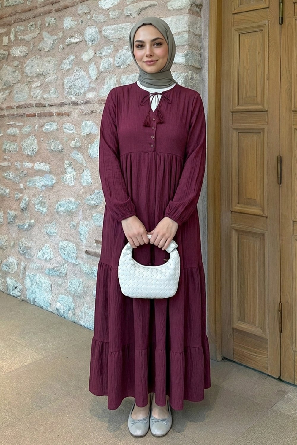 Lina Püsküllü Bordo Elbise