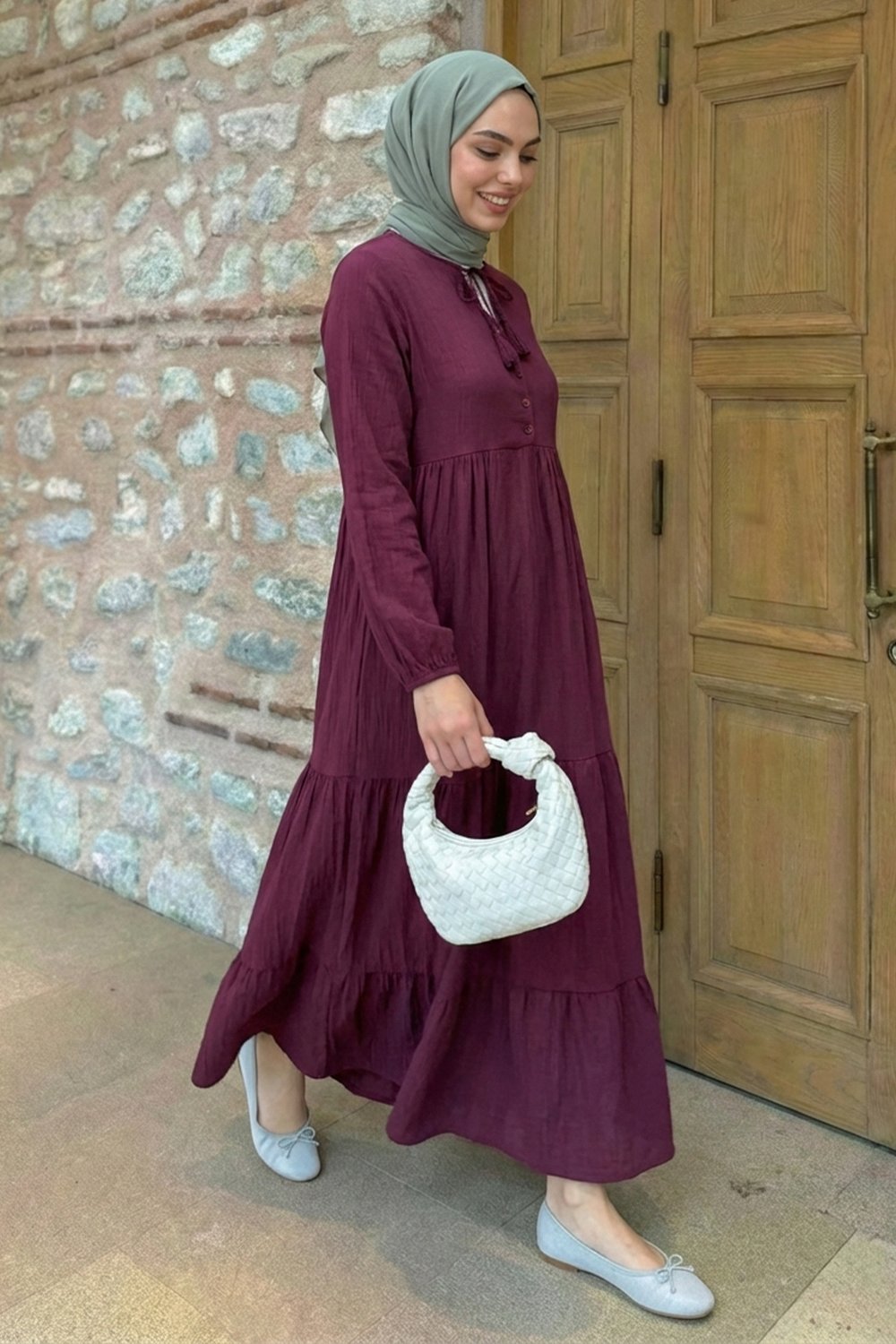Lina Püsküllü Bordo Elbise