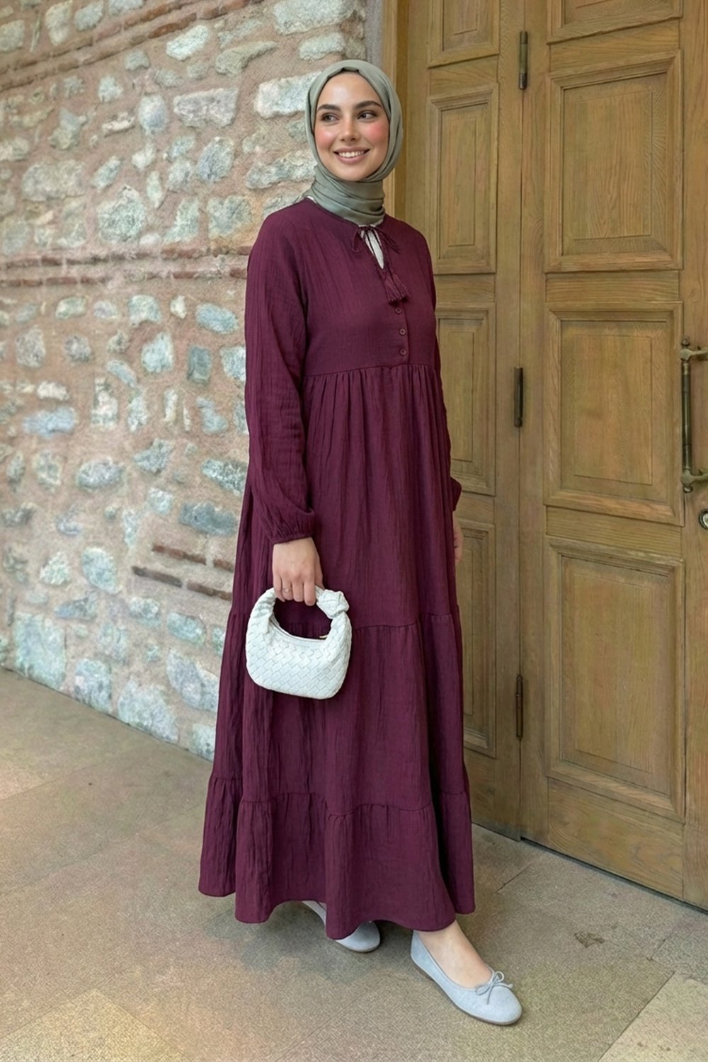 Lina Püsküllü Bordo Elbise