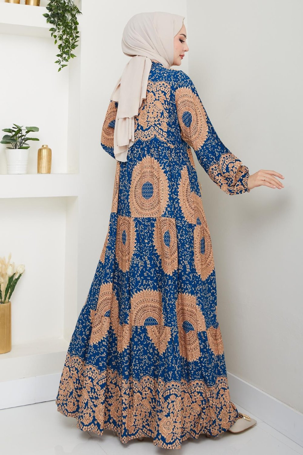 Mandala Desen İndigo Viskon Elbise