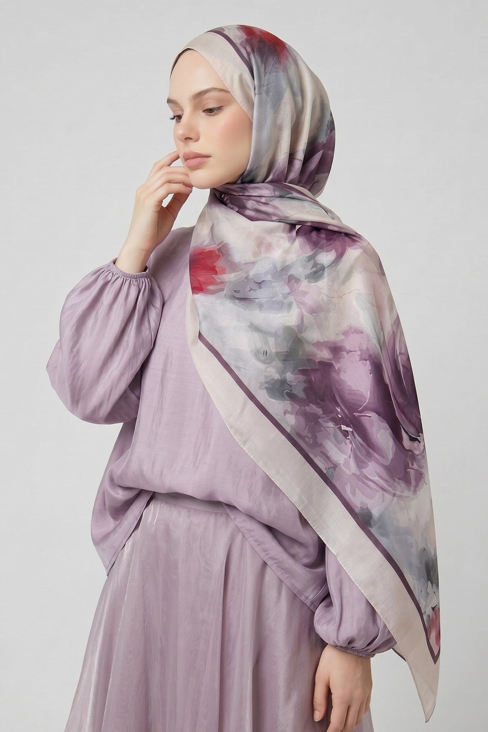 Menekşe Çiçek Desen Mor Soft Pamuk Şal