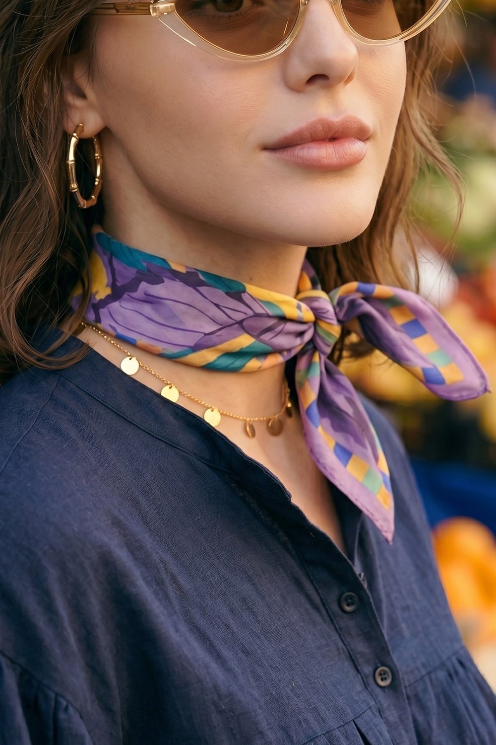 Menekşe Desenli Eflatun Bandana Fular 50x50