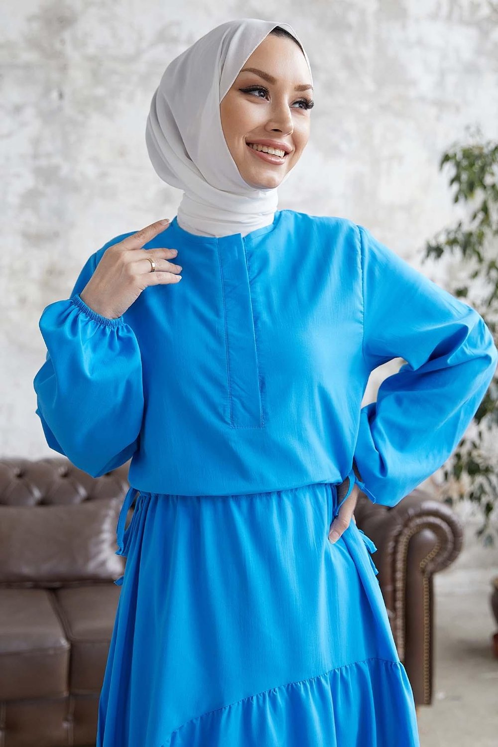 Merya Tünel Kemerli Soft Ayrobin Elbise - Mavi