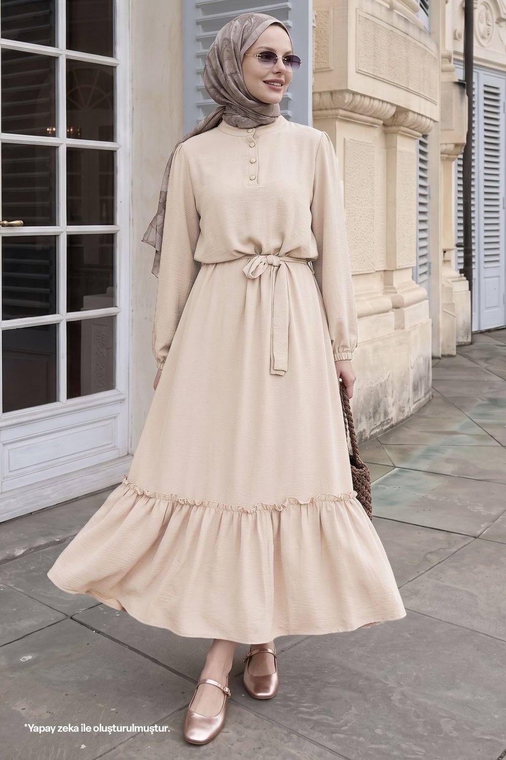 Meyra Buttoned Beige Ayrobin Dress