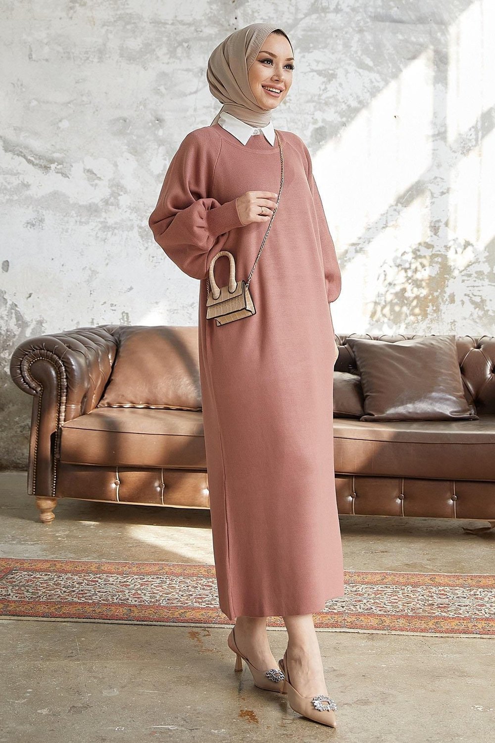 Mina Balon Kol Triko Elbise - Gül Kurusu