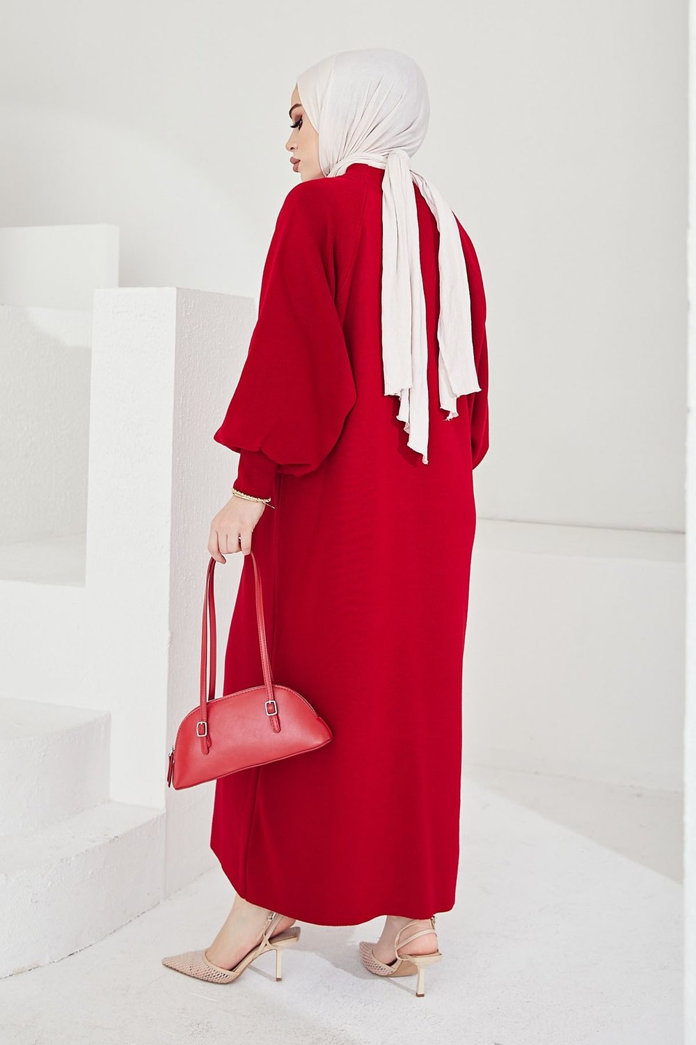 Mina Balloon Sleeve Knit Dress - Red