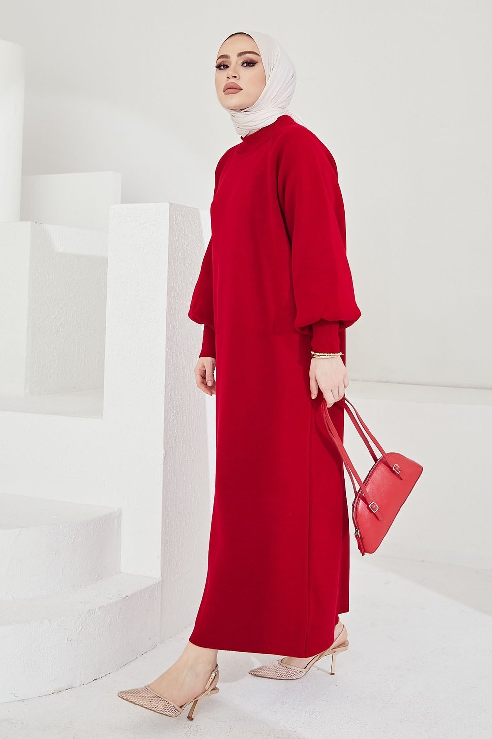 Mina Balloon Sleeve Knit Dress - Red