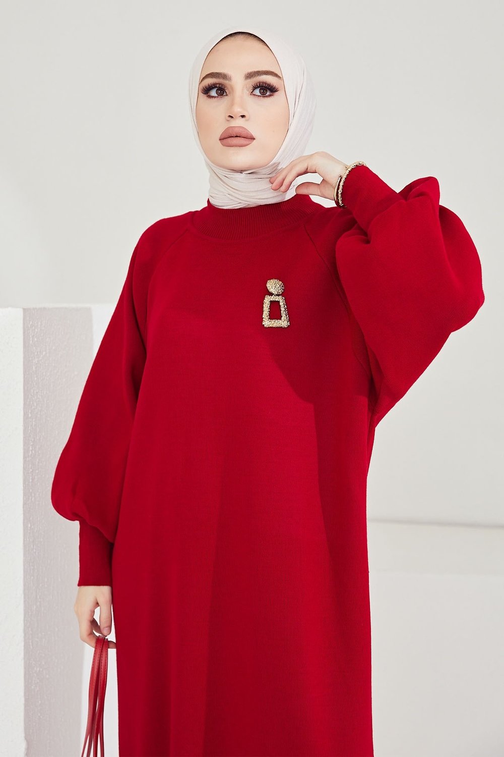 Mina Balloon Sleeve Knit Dress - Red