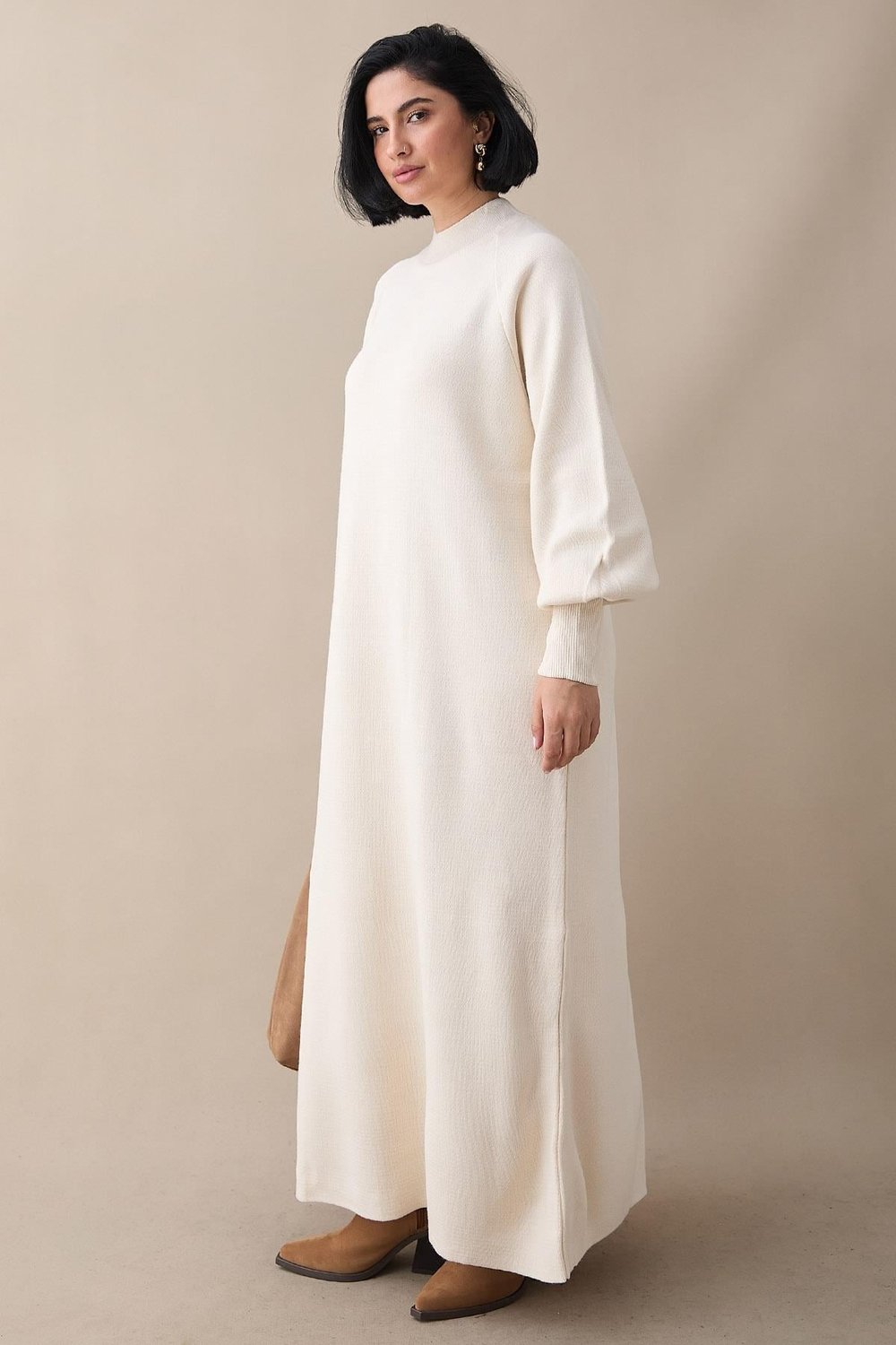 Mina Balloon Sleeve Knit Dress in Cream