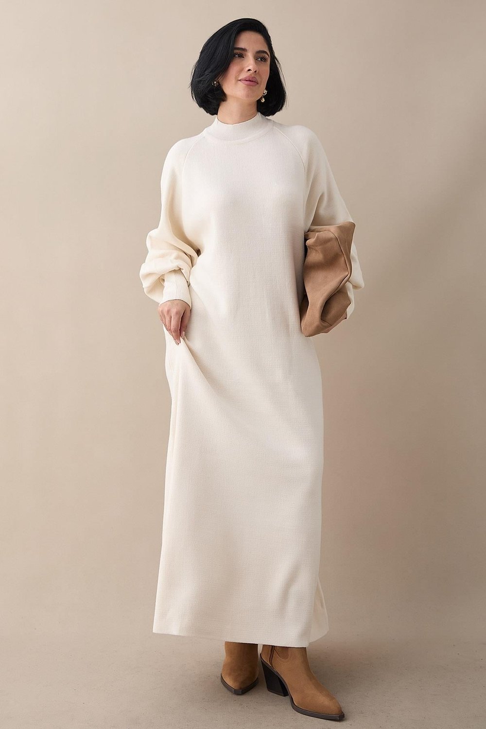 Mina Balloon Sleeve Knit Dress in Cream