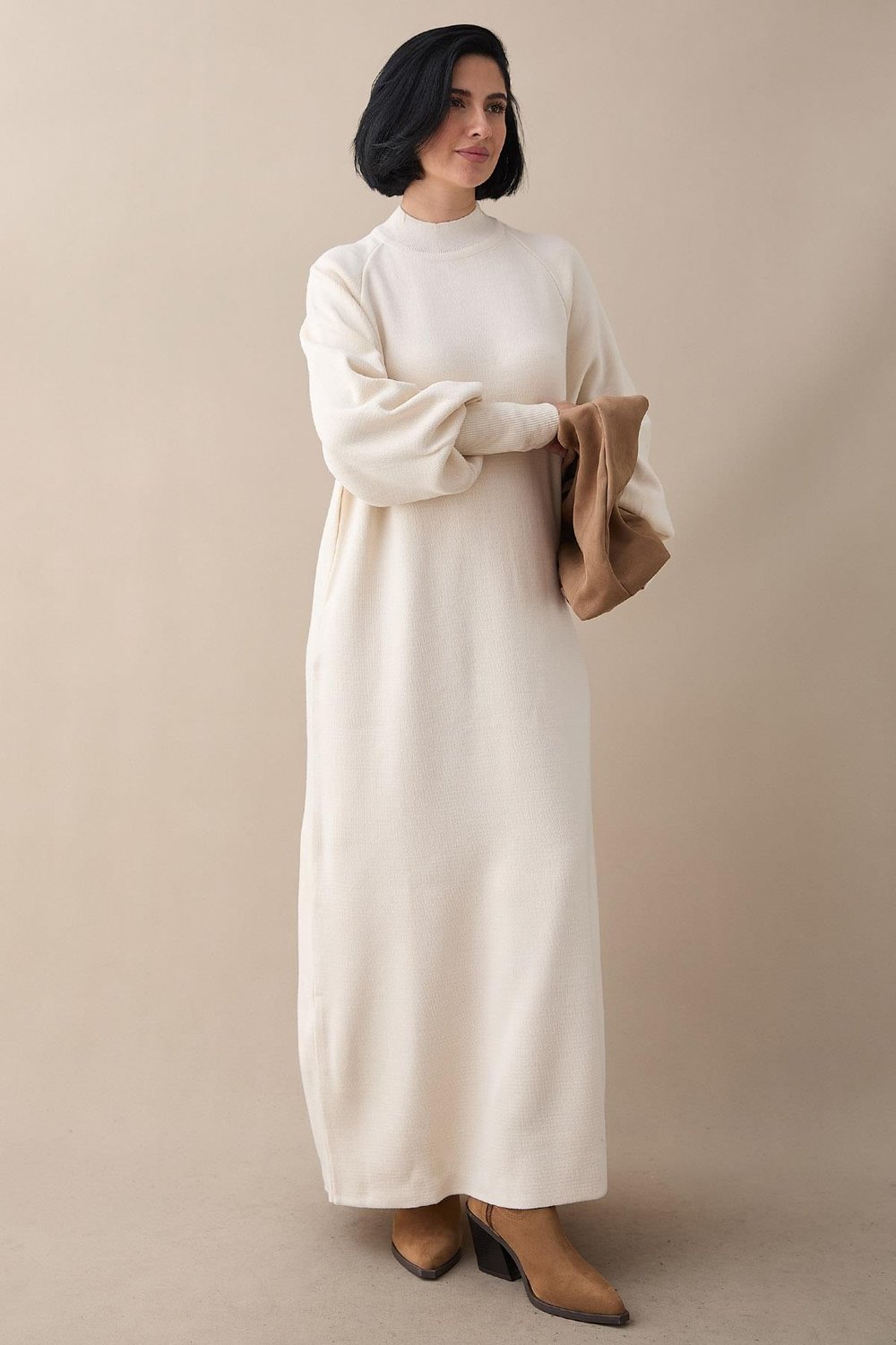 Mina Balloon Sleeve Knit Dress in Cream