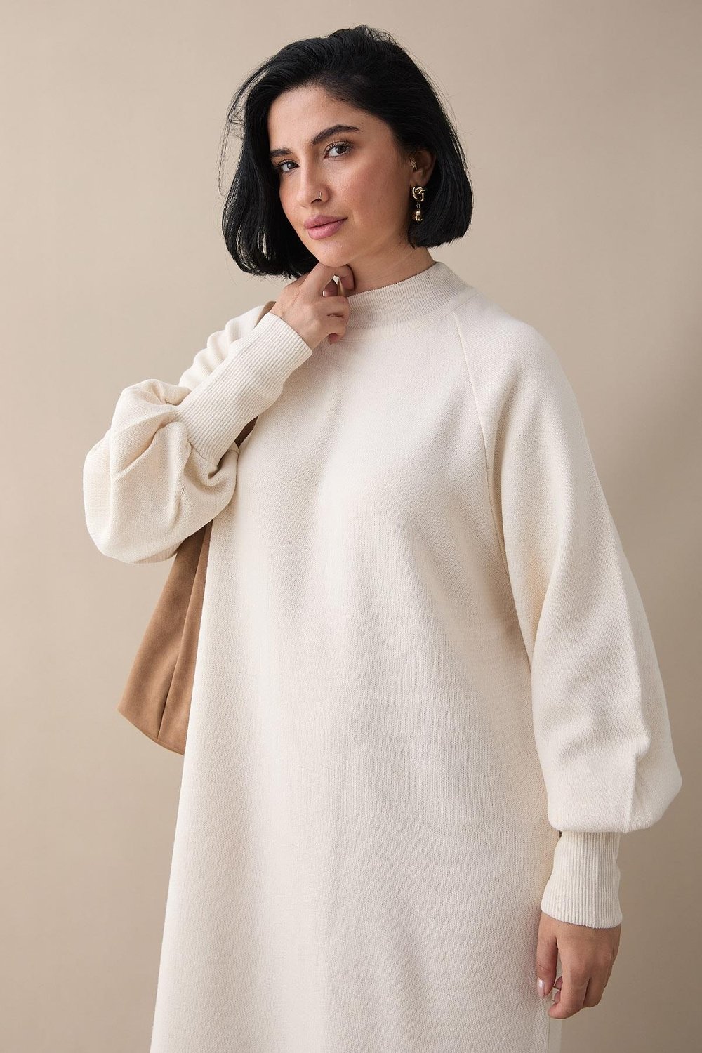 Mina Balloon Sleeve Knit Dress in Cream