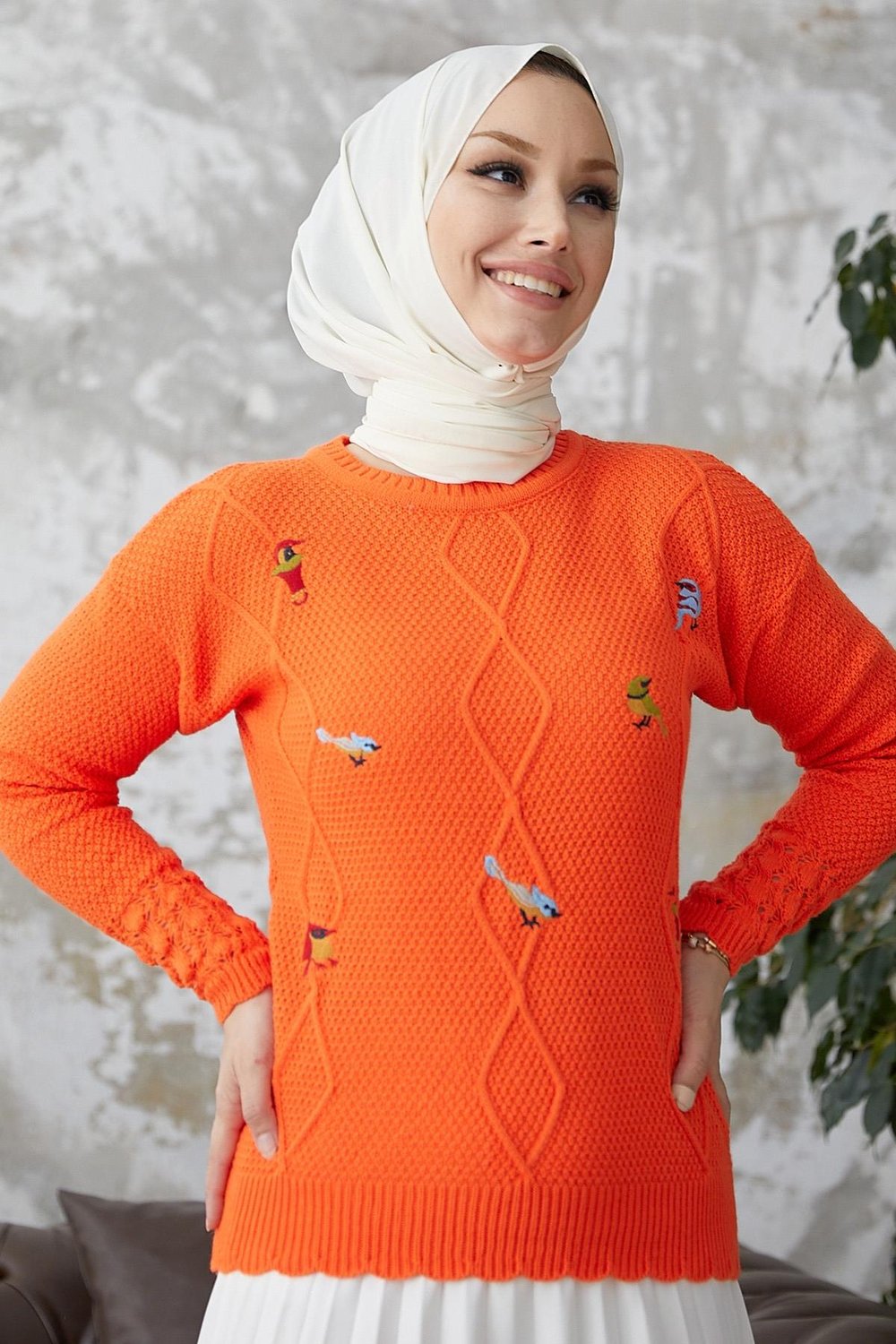 Minsa Kuş Desen İşlemeli Triko Kazak - Oranj