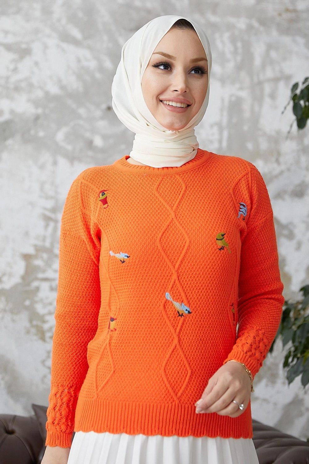 Minsa Kuş Desen İşlemeli Triko Kazak - Oranj