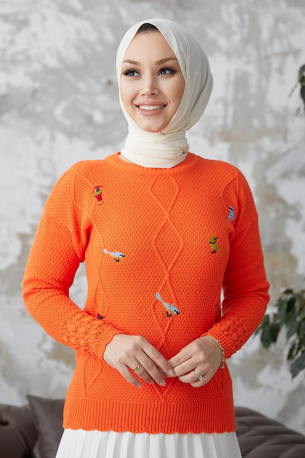 Minsa Kuş Desen İşlemeli Triko Kazak - Oranj
