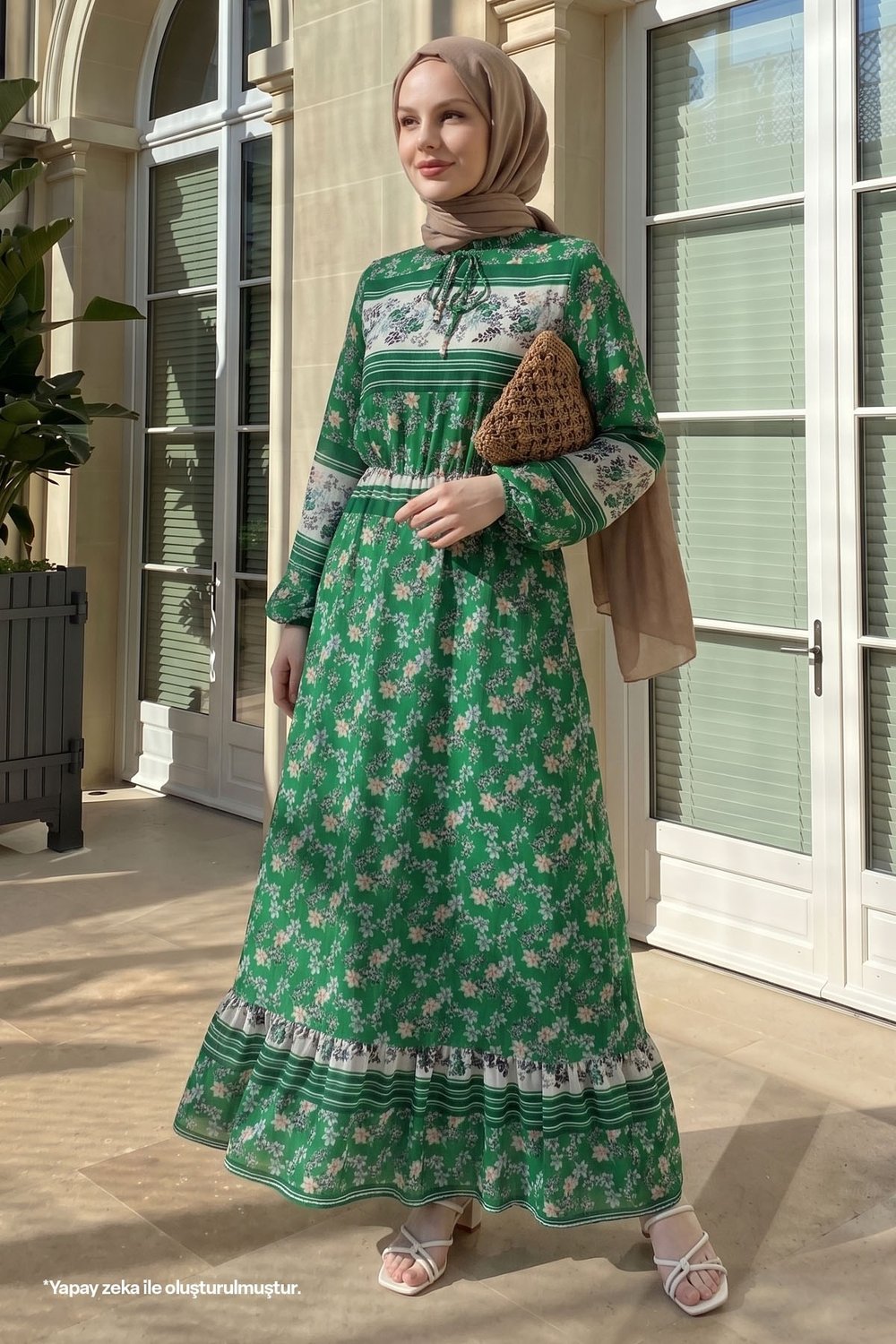 Misa Şeritli Çiçekli Jakarlı Yoryo Yeşil Şifon Elbise
