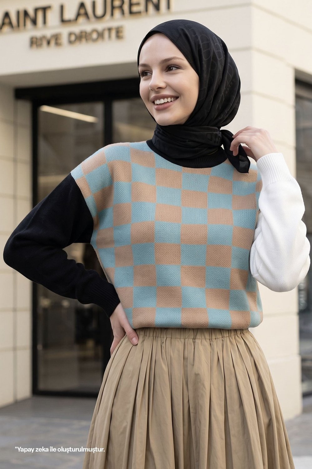 Monsa Kare Ekose Desen Triko Kazak - Mint \ Camel