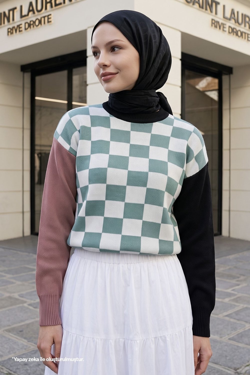 Monsa Kare Ekose Desen Triko Kazak - Mint