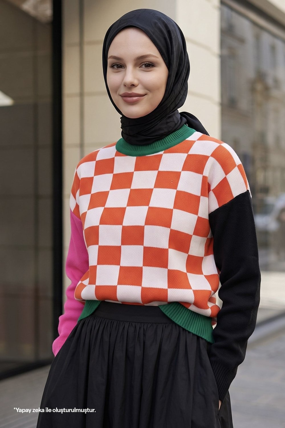 Monsa Square Checkered Knit Sweater in Orange