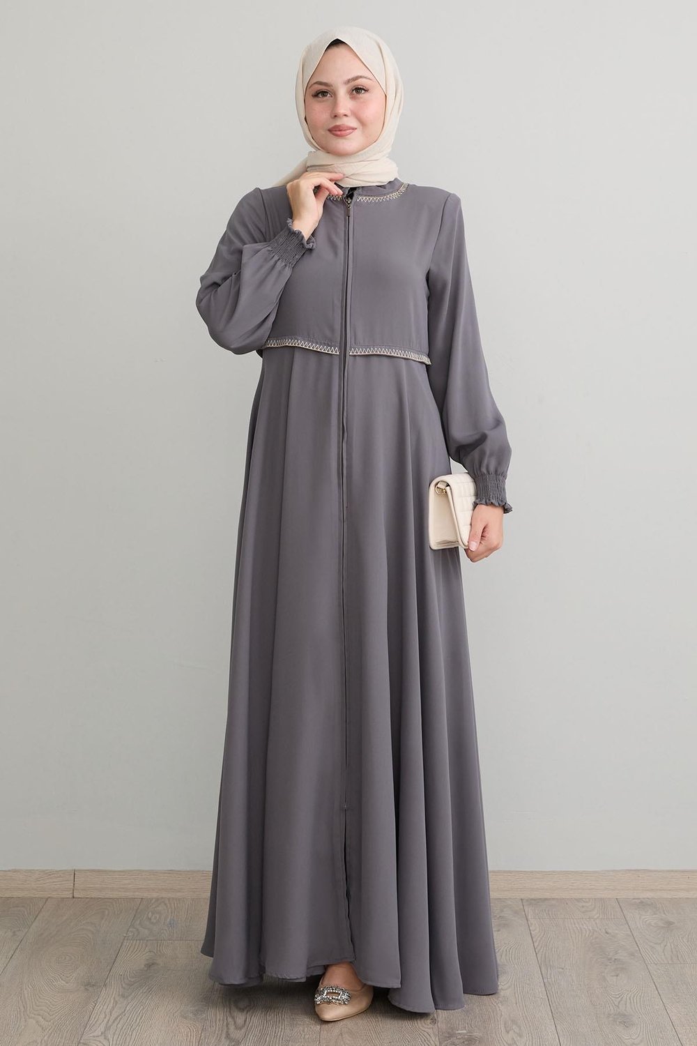 Nakışlı Mevlana Kumaş Gri Ferace