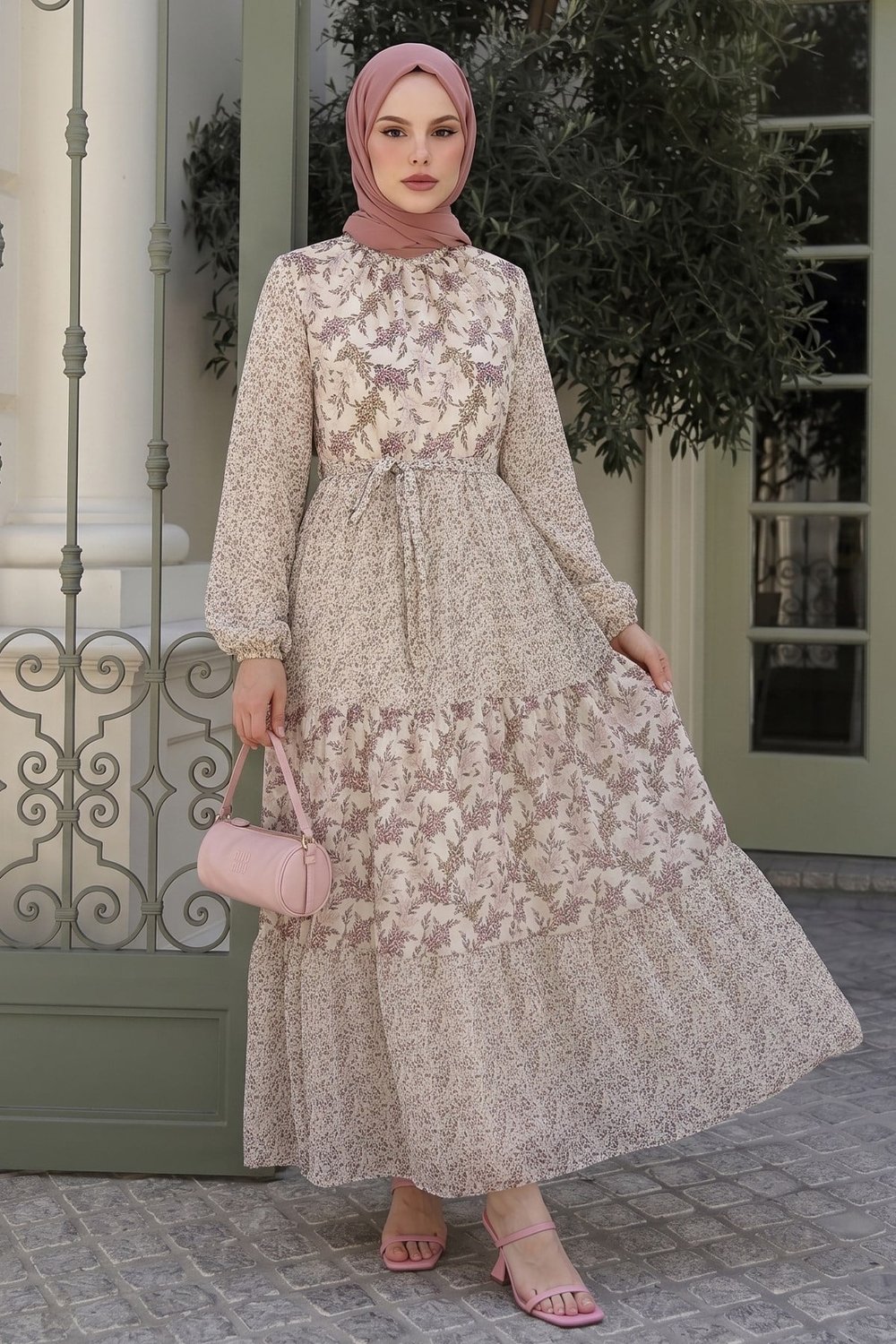 Nessa Floral Belted Chiffon Dress - Brown