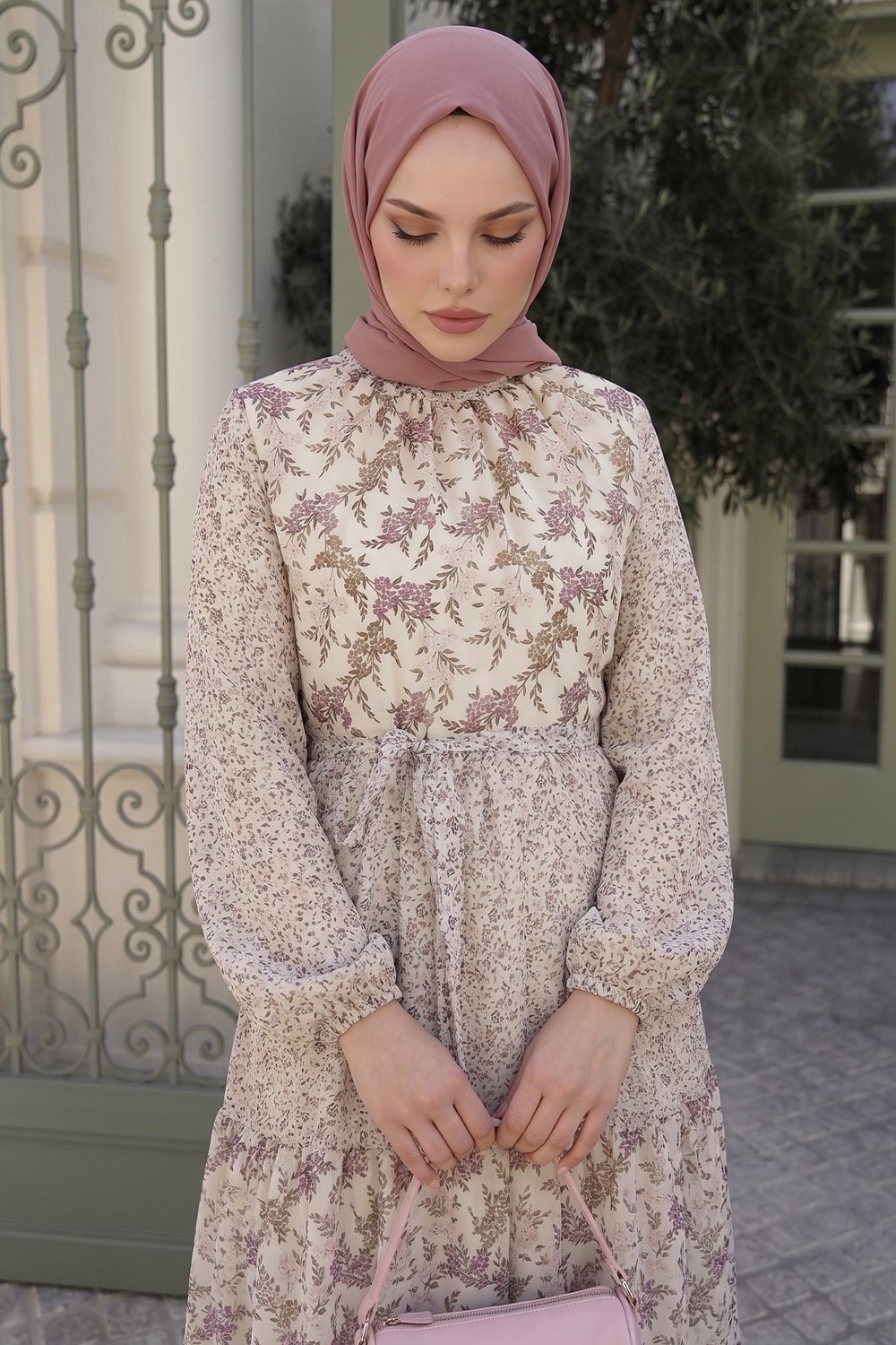 Nessa Floral Belted Chiffon Dress - Brown